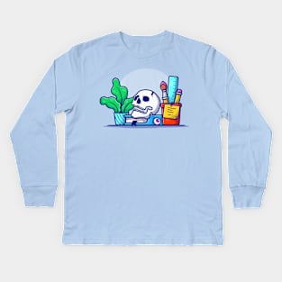 Creative Office Workspace with Skull, Book, and Plant Cartoon Vector Icon Illustration Kids Long Sleeve T-Shirt